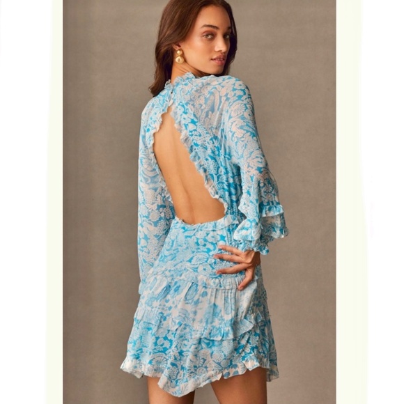 Brand New By Anthropologie Long-Sleeve Backless Sheer Ruffle Mini Dress - Picture 1 of 12